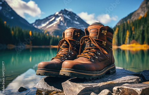Hiking boots on a lake shore with mountains in the background. created by generative AI technology.