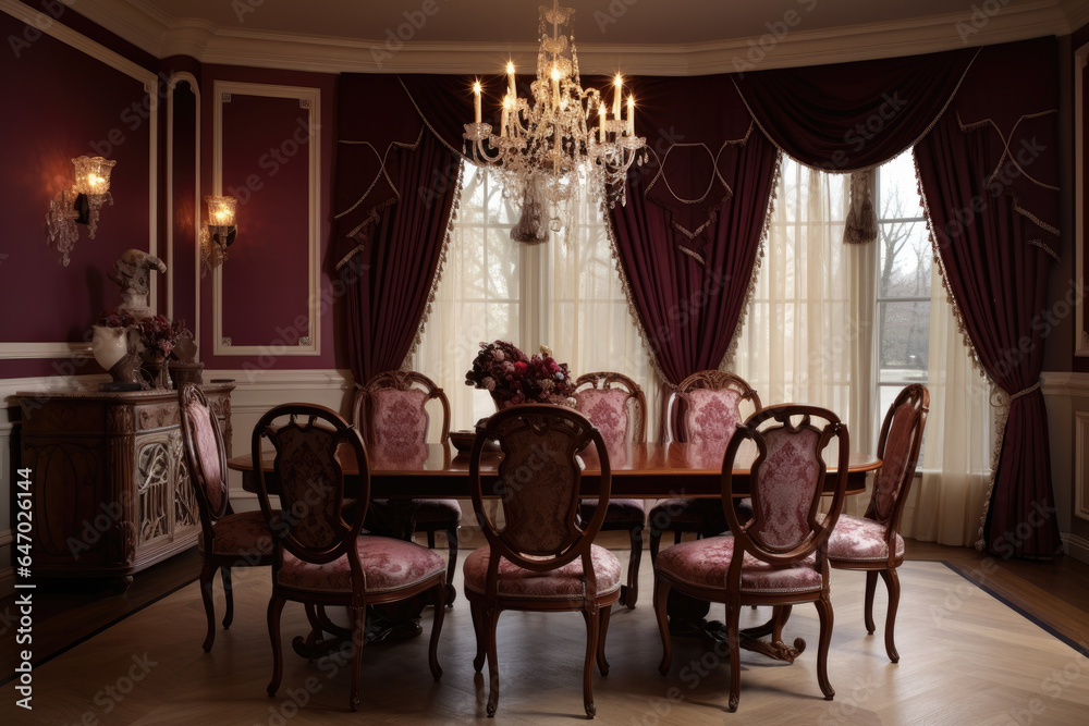 Elegant Dining Room in Burgundy and Cream Colors with Refined Ambiance and Classic Furnishings Elegant Dining Room in Burgundy and Cream Colors with Refined Ambiance and Classic Furnishings
