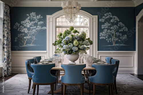 Elegant Dining Room Decorated in a Harmonious Blend of Blue and White Colors  Exuding Sophistication and Tranquility