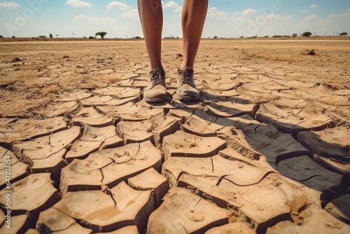 Feet of a farmer standing on parched landscape. Global warming. Drought, disaster and crop failure - the feet of a farmer on cracked dry soil. His field is dry.