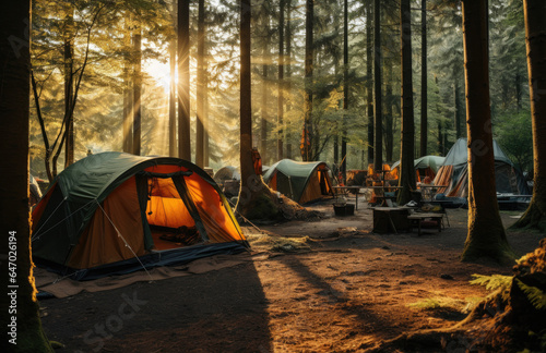 Fototapeta Naklejka Na Ścianę i Meble -  Camping in the forest. Camping tents in the forest. created by generative AI technology.