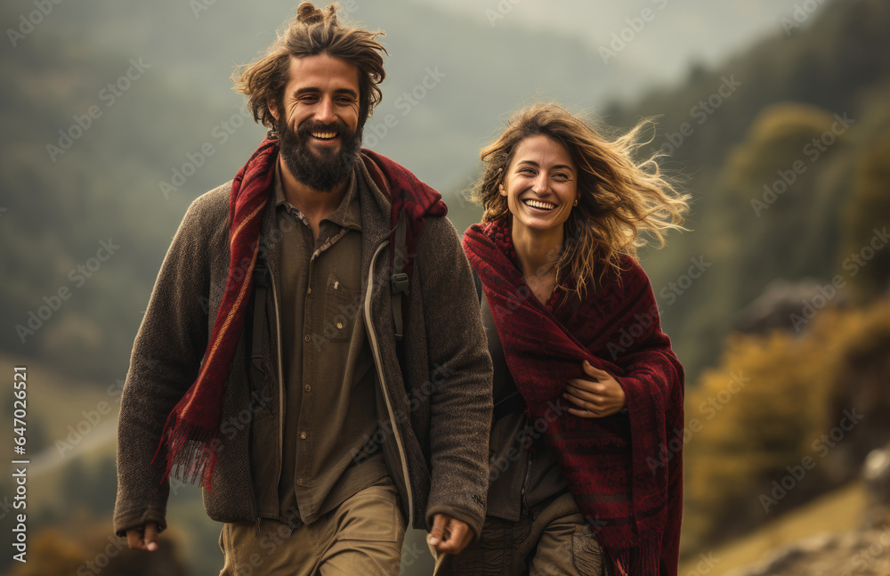 Couple walking in the mountains. Man and woman hiking in the mountains. created by generative AI technology.