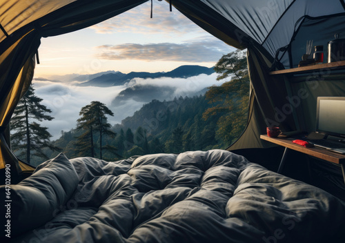 Camping in the mountains with a beautiful view of the fog. created by generative AI technology.