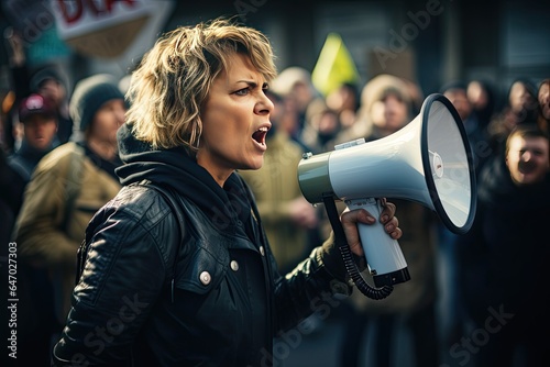 A woman is chanting her demands through a megaphone during a demonstration. Close-up portrait of a radicalized middle aged caucasian woman. In the background, a crowd of demonstrators with placards.