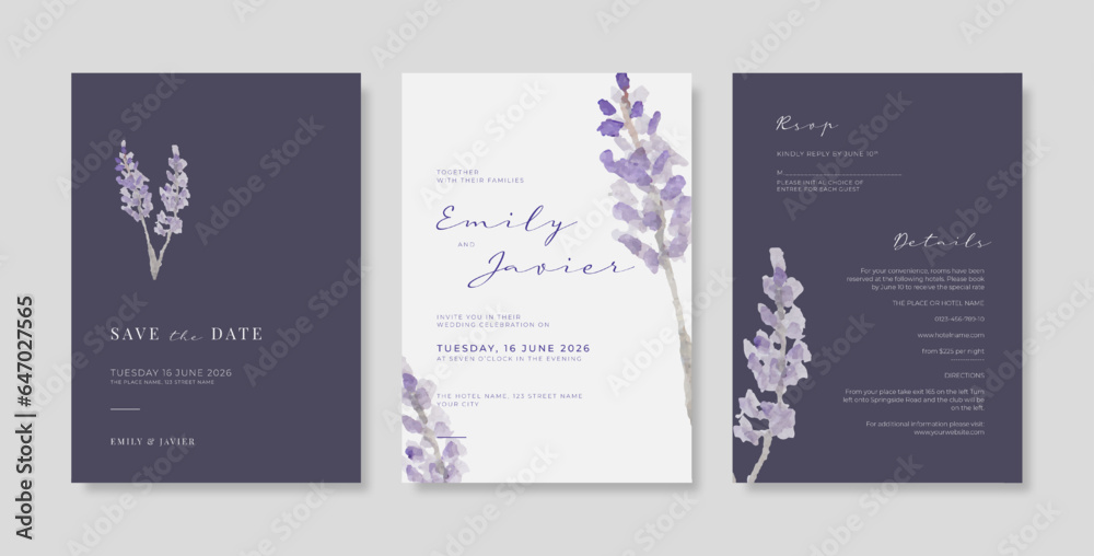 Beautiful and elegant wedding invitation with watercolor flower. Elegant wedding invitation with lavender watercolor. Simple and elegant wedding card template
