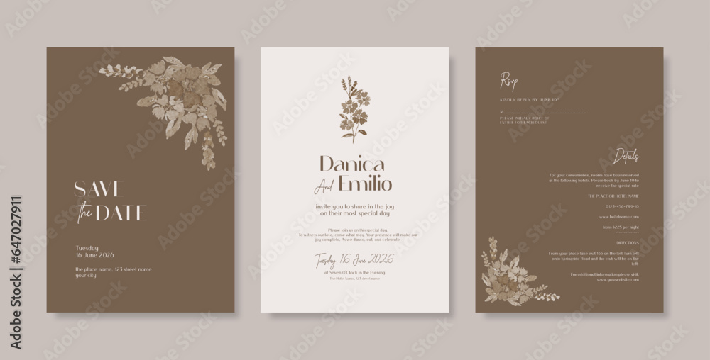 Beautiful and elegant wedding invitation with watercolor flower. Simple and elegant wedding card template