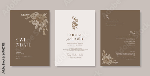Beautiful and elegant wedding invitation with watercolor flower. Simple and elegant wedding card template