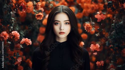 Asian woman in a black clothes in a flower garden