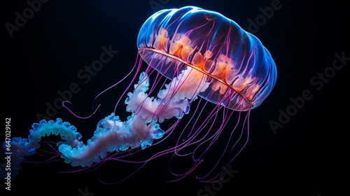 a bioluminescent jellyfish in the depths of the ocean, emitting an otherworldly glow in the darkness © ra0