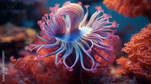 a brilliantly colored and intricate sea anemone with its tentacles waving in the currents, highlighting the beauty and diversity of marine life in coral reefs