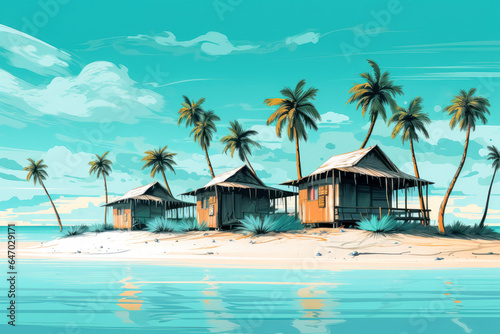 Tropical beach with wooden wooden huts, cottages on a beach in the pacific ocean. © Saulo Collado