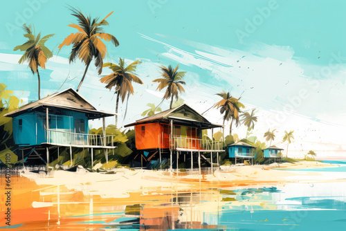 Tropical beach with wooden wooden huts  cottages on a beach in the pacific ocean.