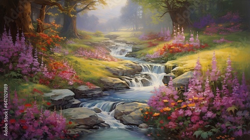 a cascading stream, winding through a vibrant wildflower meadow, with each bloom captured in exquisite detail © ra0