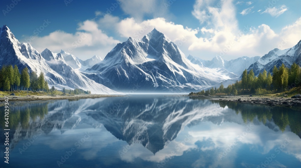 a crystal-clear mountain lake reflecting the surrounding snow-capped peaks, creating a mirror-like surface