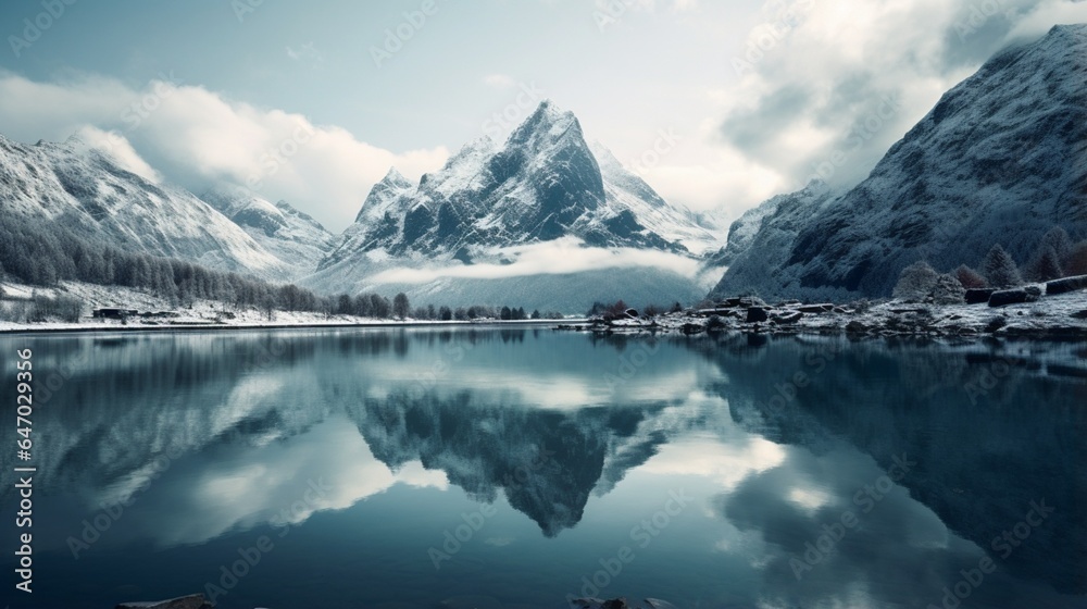 a crystal-clear mountain lake reflecting the surrounding snow-capped peaks, creating a mirror-like surface