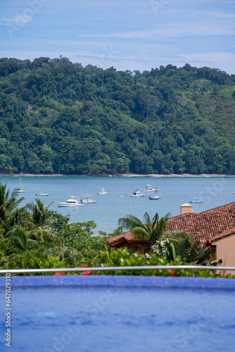 Beautiful aerial view of the Los Sueños Marina full with yachts and boats in Herradura Beach - Costa Rica