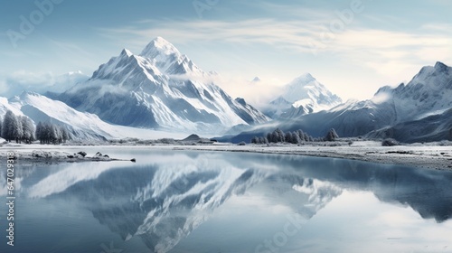 a crystal-clear mountain lake reflecting the surrounding snow-capped peaks  creating a mirror-like surface