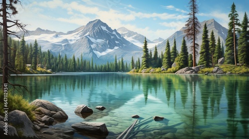 a crystal-clear mountain lake surrounded by towering pine trees, with their reflections mirrored perfectly in the water