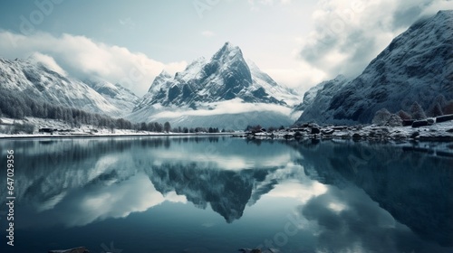 a crystal-clear mountain lake reflecting the surrounding snow-capped peaks, creating a mirror-like surface