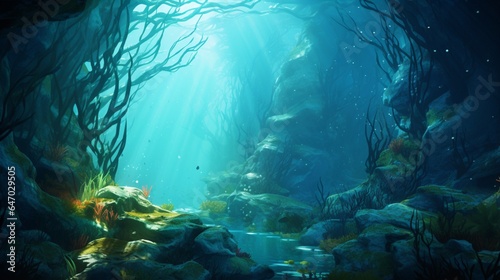 a dense kelp forest beneath the surface of the ocean  teeming with a diverse array of marine life