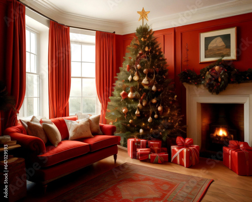 The main living room of a house with cushions and armchairs decorated for Christmas with Christmas trees, figurines, lights, and ornaments with big windows