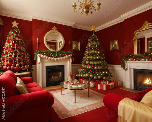 The main living room of a house with cushions and armchairs decorated for Christmas with Christmas trees, figurines, lights, and ornaments. © JES ARB