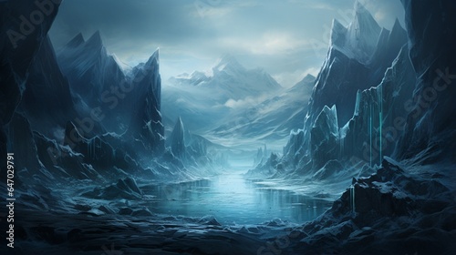 a glacier carving its way through a rugged mountain landscape, highlighting the slow but powerful forces of ice and time
