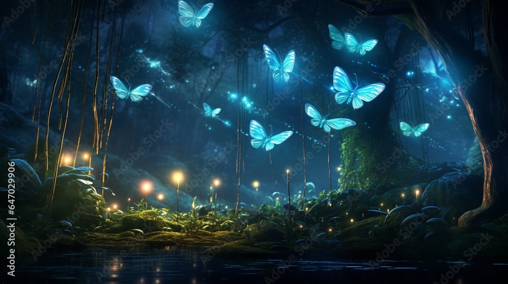 a group of fireflies illuminating a summer night, showcasing the enchanting beauty of bioluminescence in insects