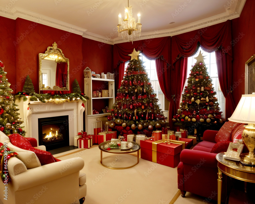 The main living room of a house with cushions and armchairs decorated for Christmas with Christmas trees, figurines, lights, and ornaments	