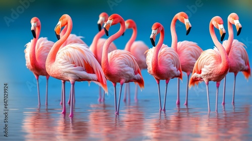 a group of flamingos gathered in a sunlit lagoon, their pink plumage a vibrant contrast to the clear blue water