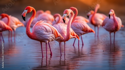 a group of flamingos gathered in a sunlit lagoon, their pink plumage a vibrant contrast to the clear blue water