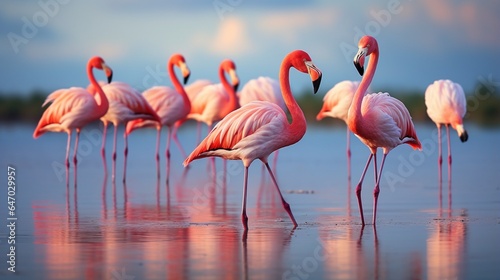 a group of flamingos wading gracefully in a shallow, sunlit lagoon © ra0
