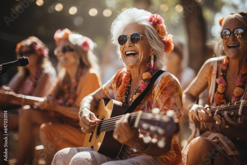 Group of happy elderly woman having fun and playing on guitar