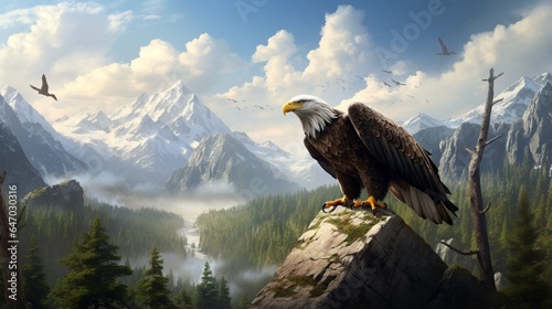 a majestic eagle perched high on a rocky ledge, surveying the vast wilderness below with keen eyes © ra0