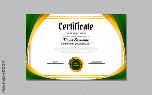 Certificate template suitable for awards and recognition purposes with a fresh and vibrant design featuring green and gold colors. Ideal for academic, professional, or organizational certificates.