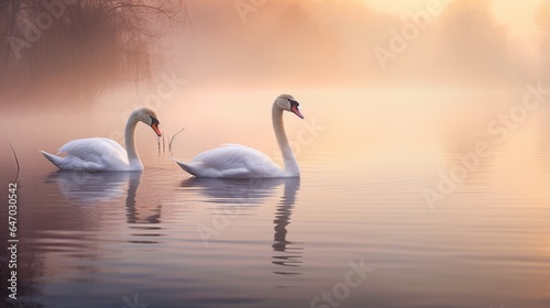 a pair of graceful swans gliding across the calm surface of a mist-covered lake at dawn
