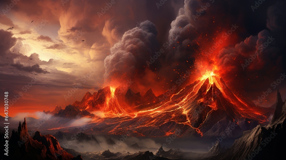 a powerful and fiery volcanic eruption, with lava fountains and ash plumes rising into the tumultuous skies, illustrating the dynamic nature of our planet