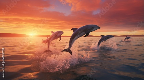 a pod of dolphins leaping gracefully out of the water, capturing the joy and freedom of marine mammals in the open ocean © ra0