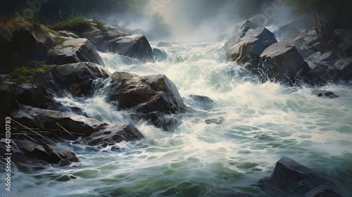 a powerful and turbulent river rapids, with water crashing over rocks and creating frothy white water, showcasing the dynamic nature of watercourses