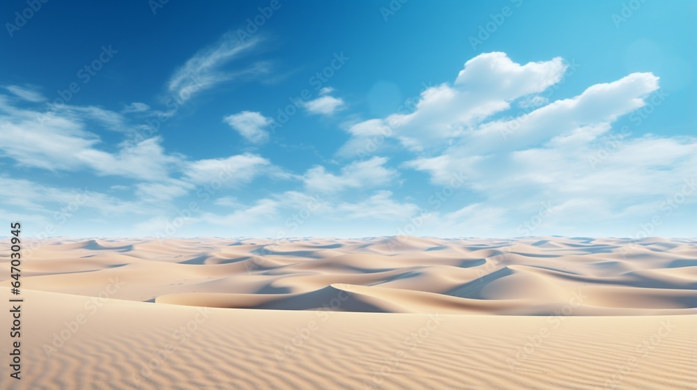 a pristine and remote desert landscape, with endless sand dunes stretching to the horizon and a clear blue sky overhead, embodying the idea of solitude and vastness