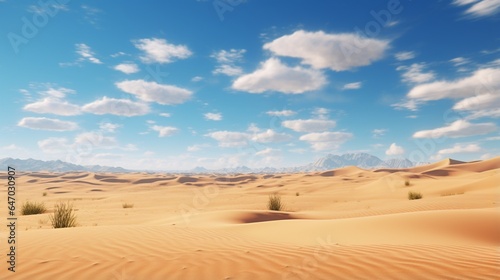 a pristine and remote desert landscape, with endless sand dunes stretching to the horizon and a clear blue sky overhead, embodying the idea of solitude and vastness