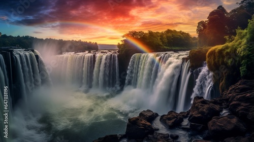 a radiant rainbow arcing across a misty waterfall, with vivid colors blending into the natural surroundings