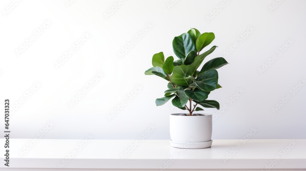 Minimalist Fiddle Fig (Ficus lyrata) in white pot with sunlight from the window in a white wall room. Minimalist Fiddle Fig (Ficus lyrata) in white pot with sunlight from the window in a white wall room.