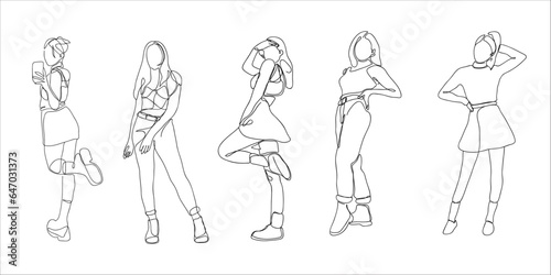 Hand drawn sketch line art of a woman. Abstract line art woman full body. Abstract woman single line art. Minimalist sketch single line art of a woman portrait standing pose. Vector illustration