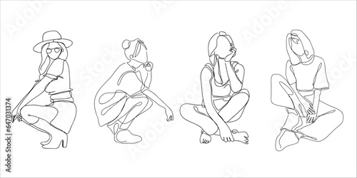Hand drawn sketch line art of a woman. Abstract line art woman full body sit pose. Abstract woman single line art. Minimalist sketch single line art of a woman. Vector illustration