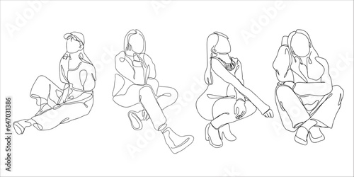 Hand drawn sketch line art of a woman. Abstract line art woman full body sit pose. Abstract woman single line art. Minimalist sketch single line art of a woman. Vector illustration