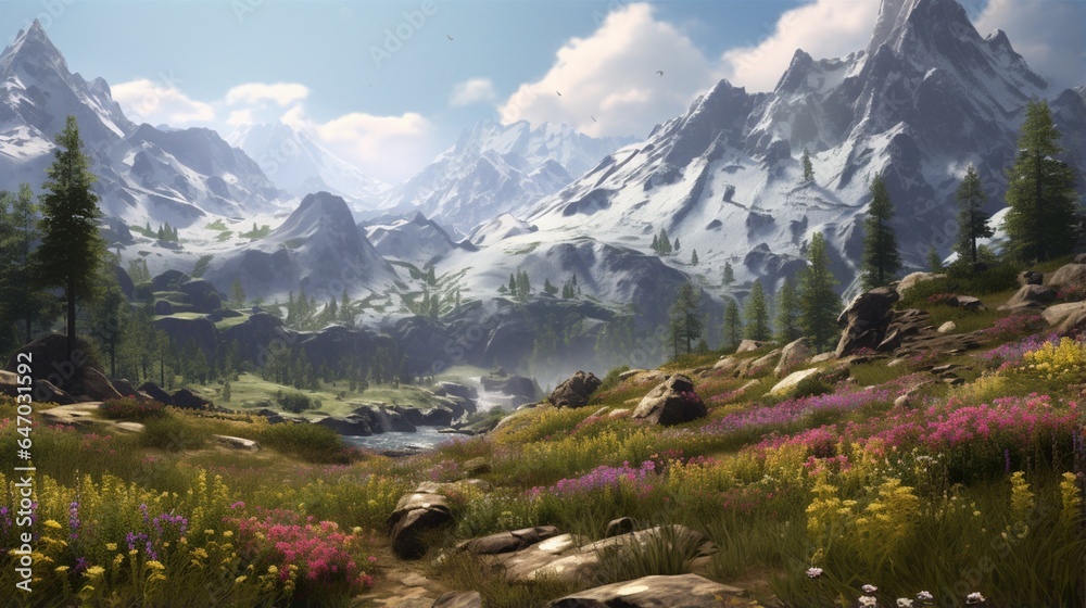 a serene alpine meadow, with wildflowers in full bloom against a backdrop of rugged mountains