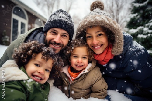 Smiling portrait of a young caucasian family playing in the snow during winter