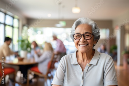 Smiling portrait of a happy senior latin or mexican woman in a nursing home