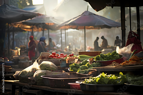 outdoor street market in the morning with tent canopies and baskets of vegetables